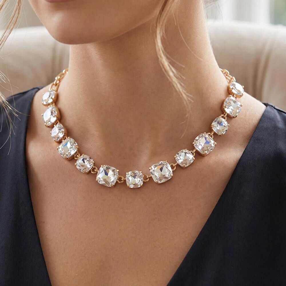 Gold Clear Square Stone Link Crystal Necklace Chain Evening Gold